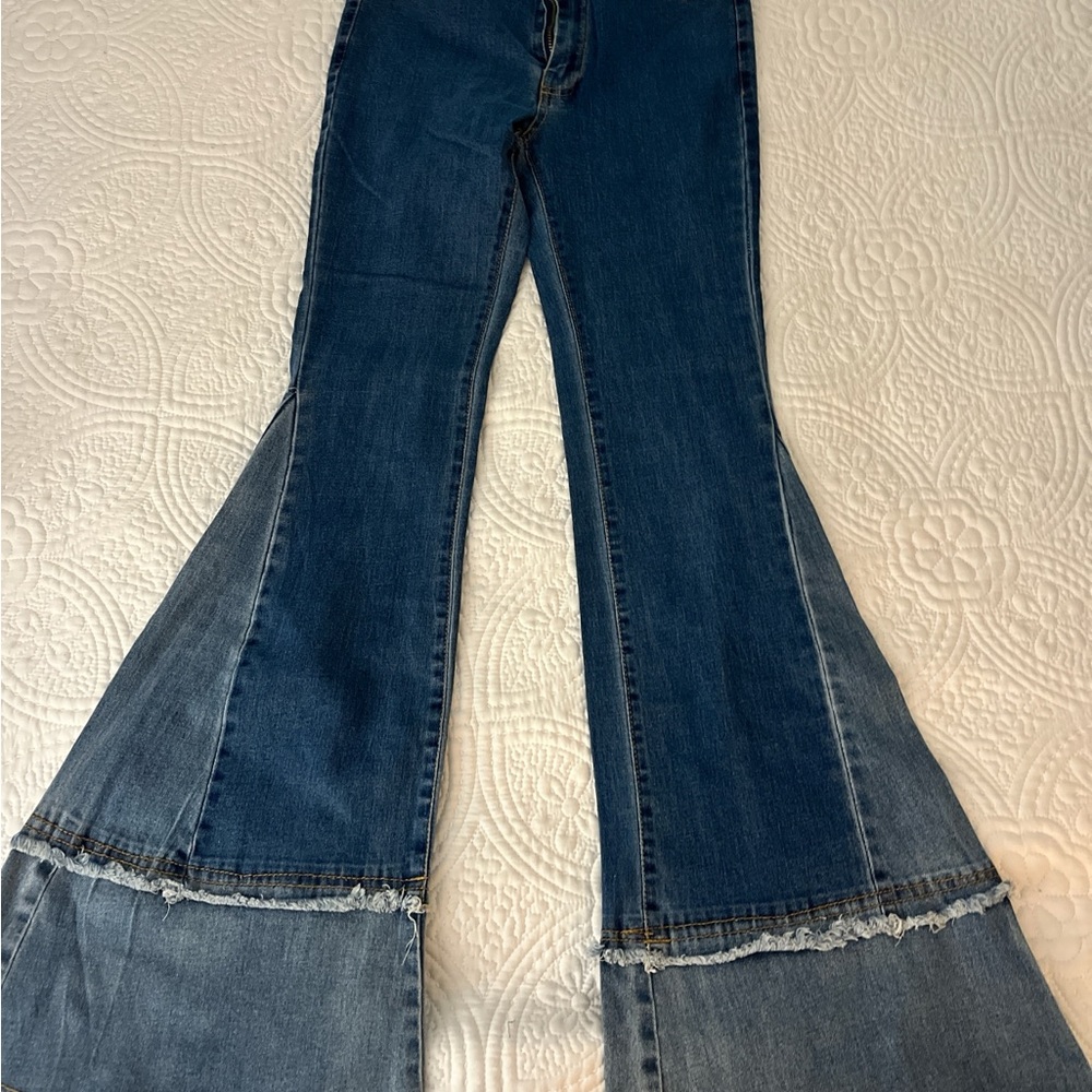 Blue Flare Wide Leg Jeans with Distressed Details